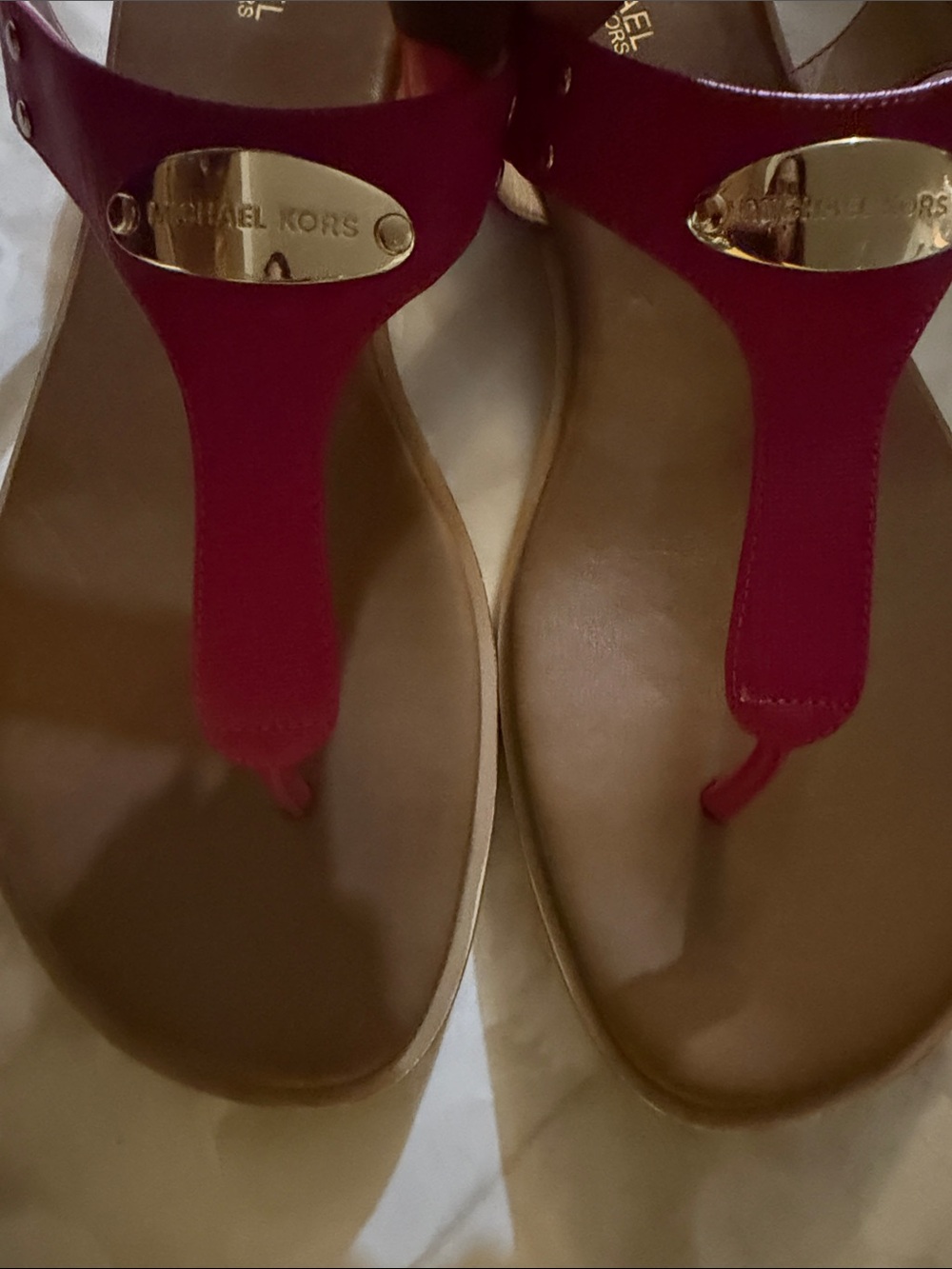 Michael Kors Women's Magenta T-Strap Sandals with Gold Plaques